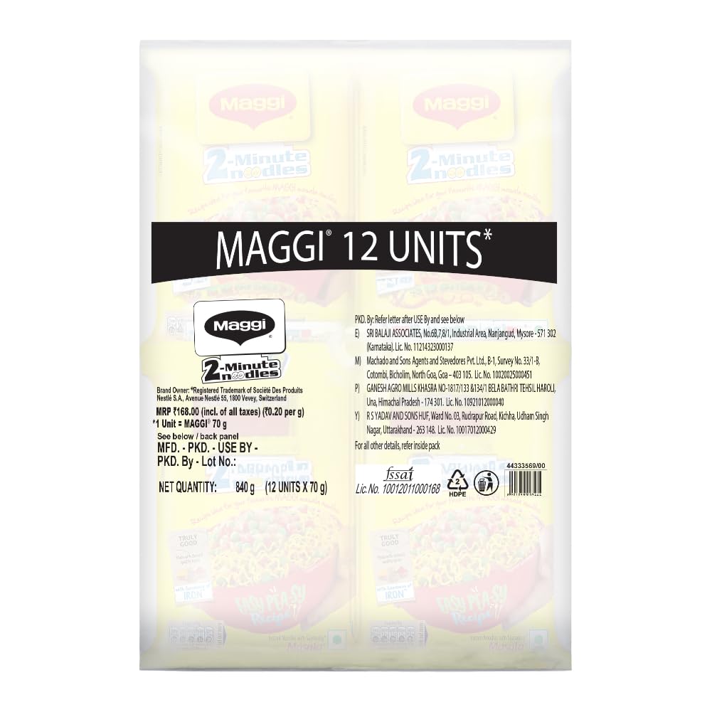 MAGGI 2-Minute Instant Noodles, Masala Noodles With Goodness Of Iron, Made With Choicest Quality Spices, Favourite Masala Taste, 70G ( Pack Of 12 ), 840 Gram