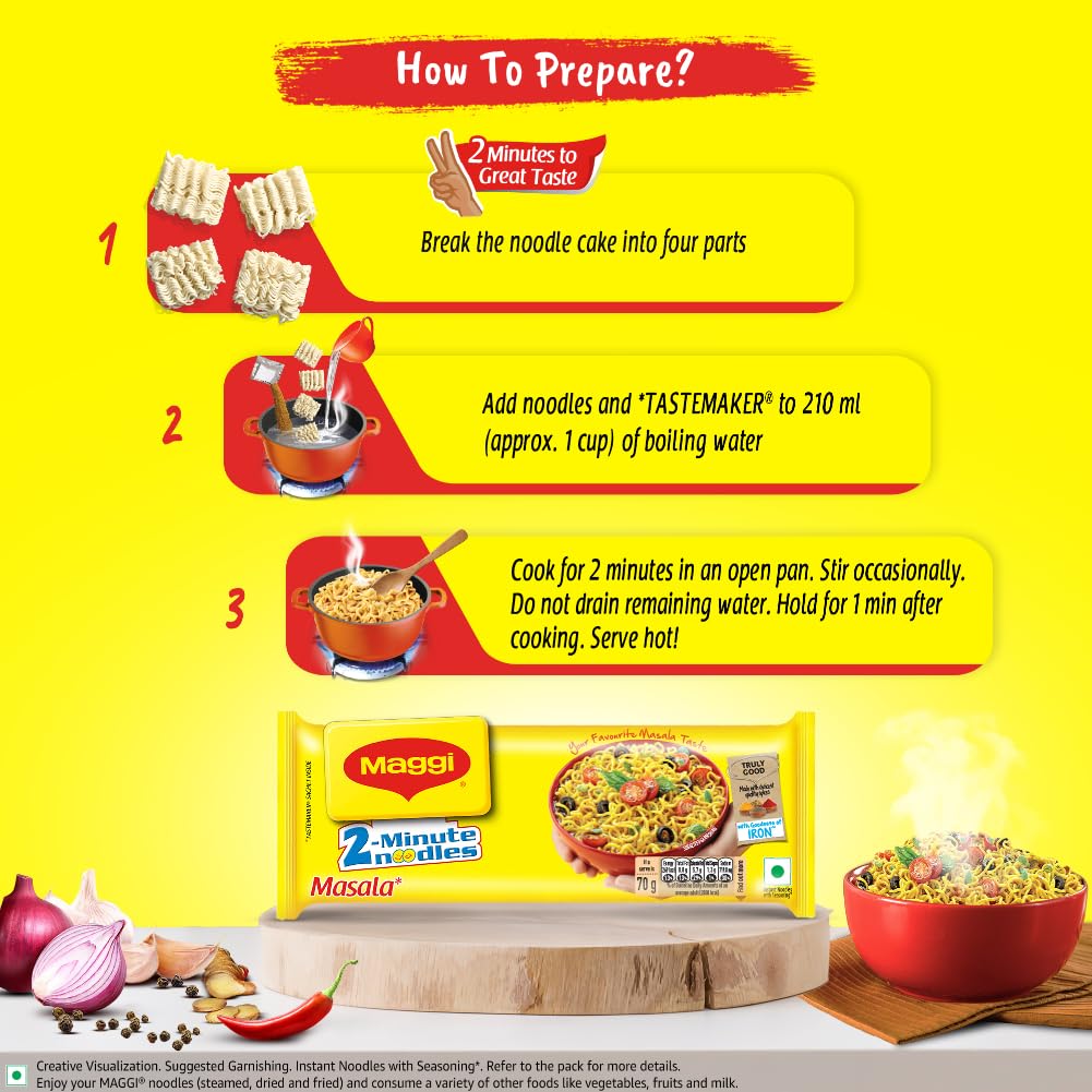 MAGGI 2-Minute Instant Noodles, Masala Noodles With Goodness Of Iron, Made With Choicest Quality Spices, Favourite Masala Taste, 70G ( Pack Of 12 ), 840 Gram