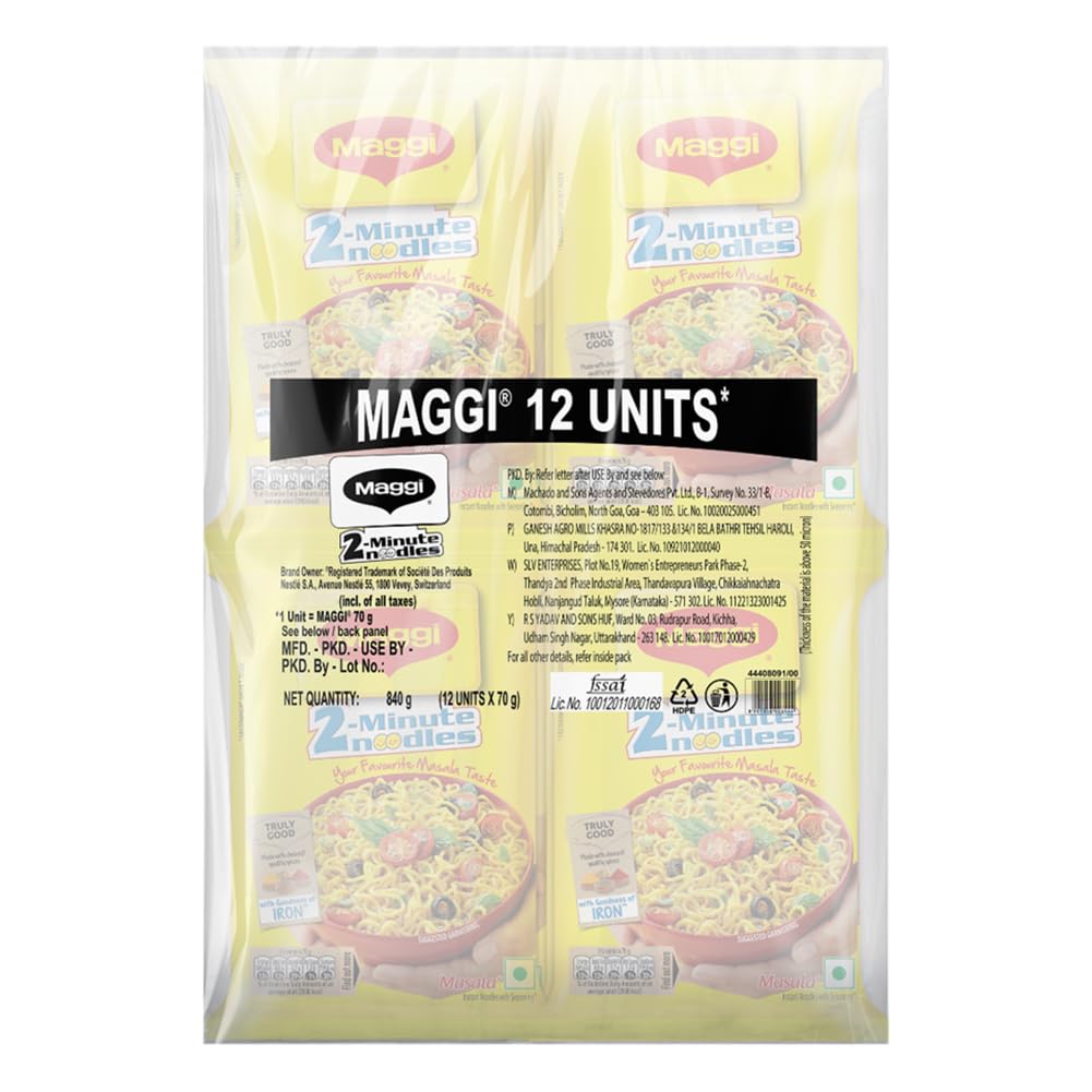 MAGGI 2-Minute Instant Noodles, Masala Noodles With Goodness Of Iron, Made With Choicest Quality Spices, Favourite Masala Taste, 70G ( Pack Of 12 ), 840 Gram