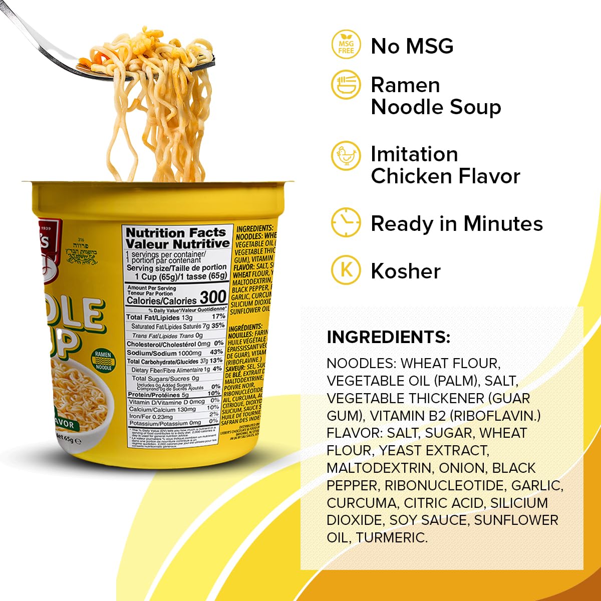 LEIBERS Noodle Soup Cups - Chicken Flavor - 12-Pack - Non-GMO, MSG-Free, Kosher - Instant Ramen Noodle Cups with Fork