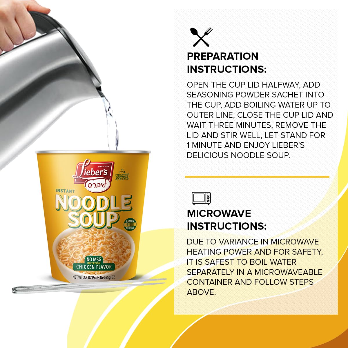 LEIBERS Noodle Soup Cups - Chicken Flavor - 12-Pack - Non-GMO, MSG-Free, Kosher - Instant Ramen Noodle Cups with Fork
