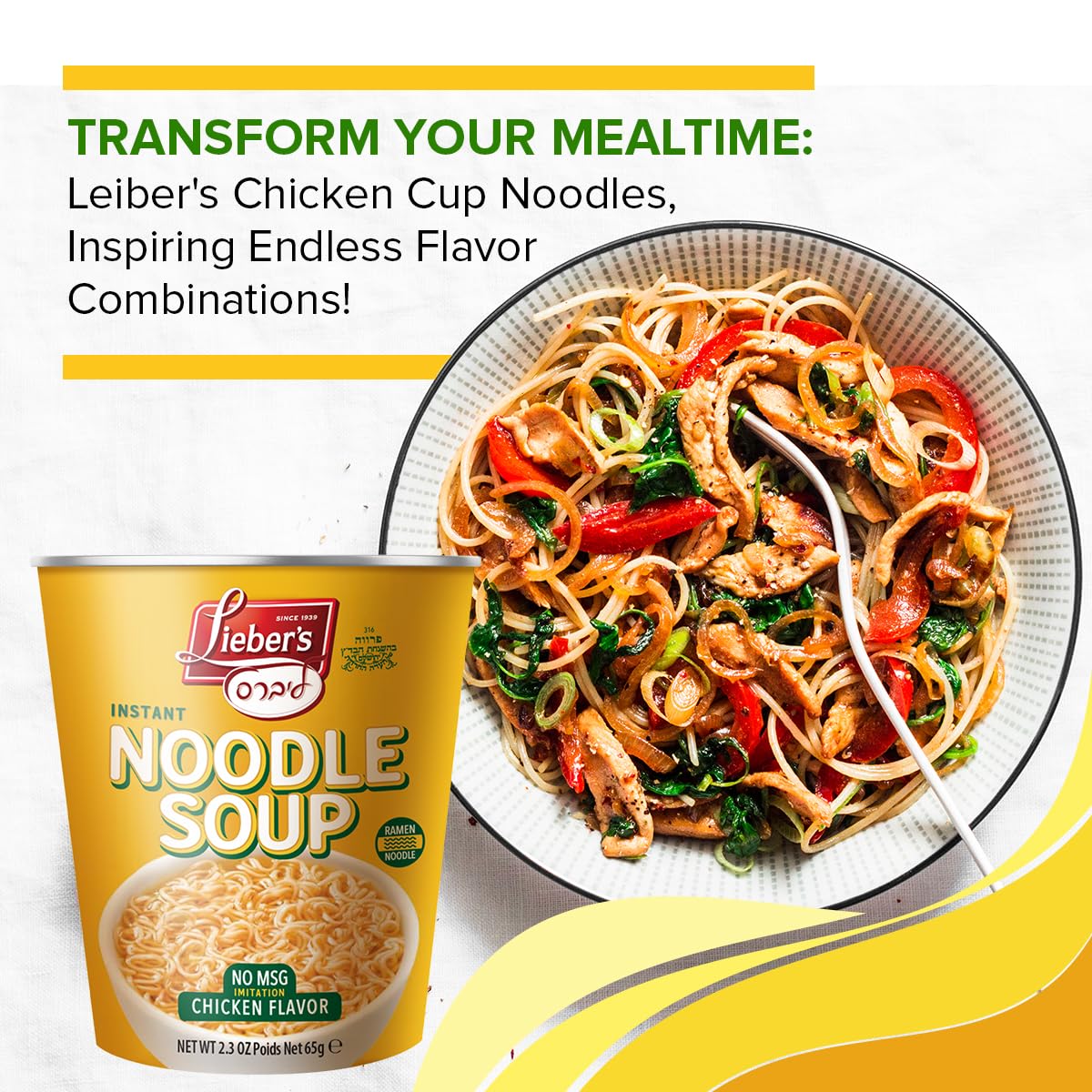 LEIBERS Noodle Soup Cups - Chicken Flavor - 12-Pack - Non-GMO, MSG-Free, Kosher - Instant Ramen Noodle Cups with Fork