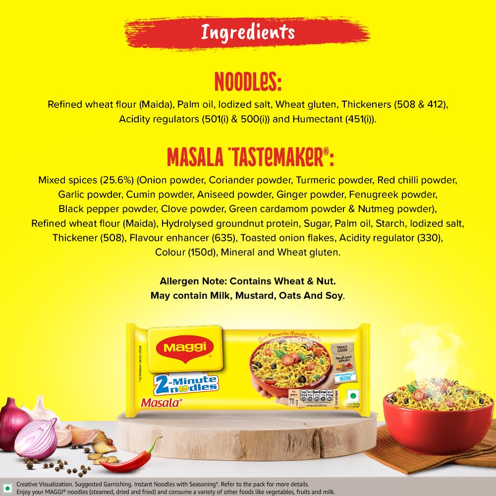 MAGGI 2-Minute Instant Noodles, Masala Noodles With Goodness Of Iron, Made With Choicest Quality Spices, Favourite Masala Taste, 70G ( Pack Of 12 ), 840 Gram